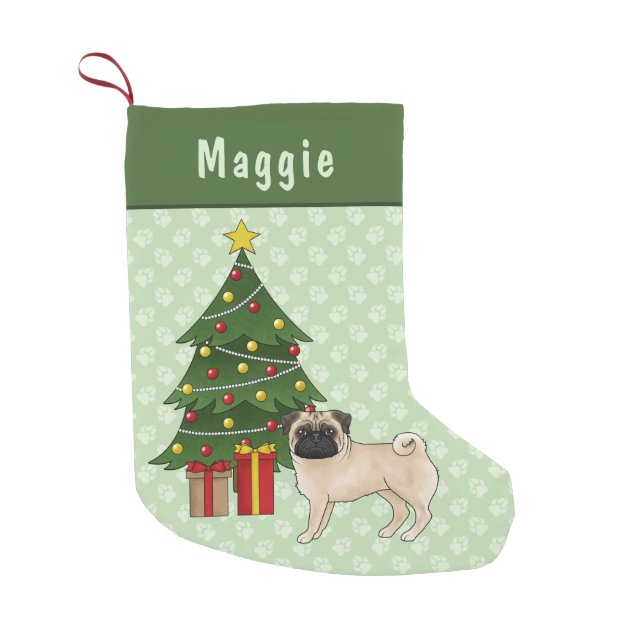 Fawn Pug Cute Cartoon Dog With A Christmas Tree Small Christmas Stocking (Front)