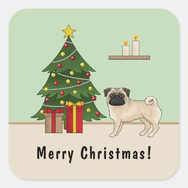 Fawn Pug Cute Cartoon Dog With A Christmas Tree Square Sticker (Front)
