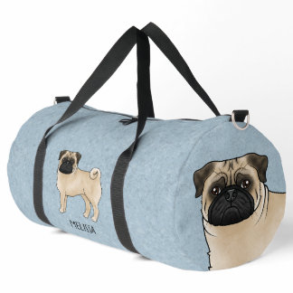 Fawn Pug Cute Cartoon Dog With Custom Name Blue Duffle Bag