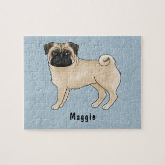 Fawn Pug Cute Cartoon Dog With Custom Name Blue Jigsaw Puzzle