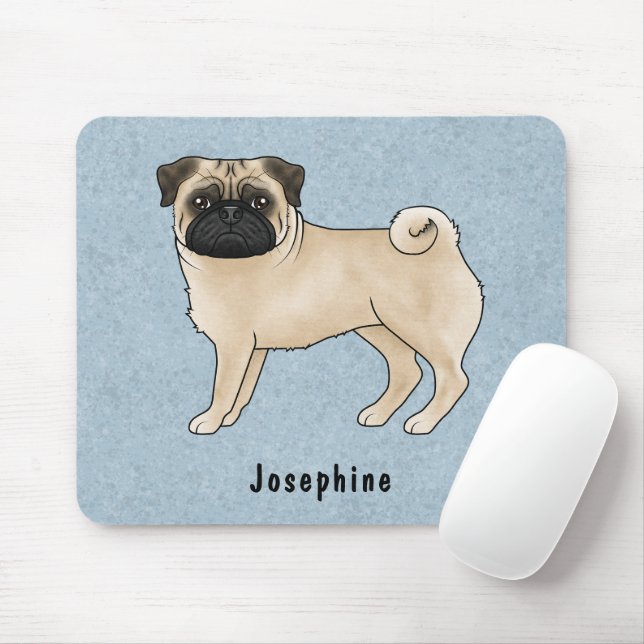 Fawn Pug Cute Cartoon Dog With Custom Name Blue Mouse Pad (With Mouse)