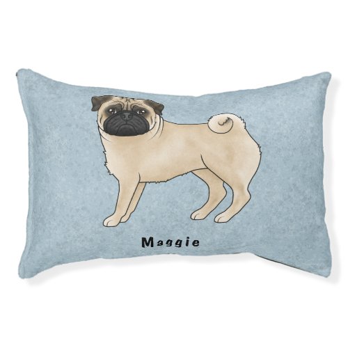 Fawn Pug Cute Cartoon Dog With Custom Name Blue Pet Bed