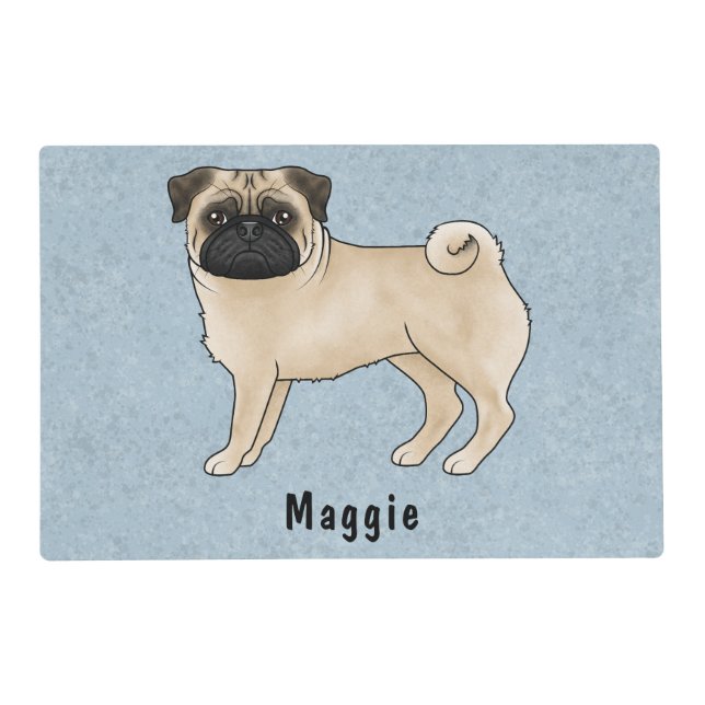 Fawn Pug Cute Cartoon Dog With Custom Name Blue Placemat (Front)