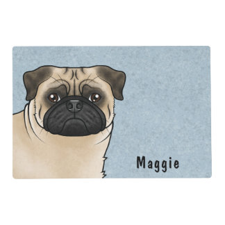 Fawn Pug Cute Cartoon Dog With Custom Name Blue Placemat