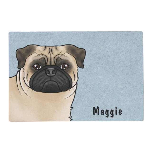 Fawn Pug Cute Cartoon Dog With Custom Name Blue Placemat (Front)