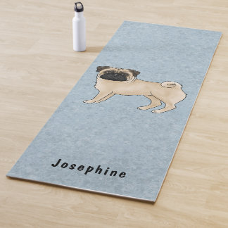 Fawn Pug Cute Cartoon Dog With Custom Name Blue Yoga Mat