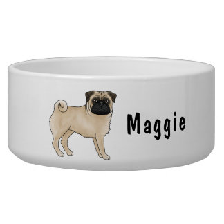 Fawn Pug Cute Cartoon Dog With Custom Name Bowl