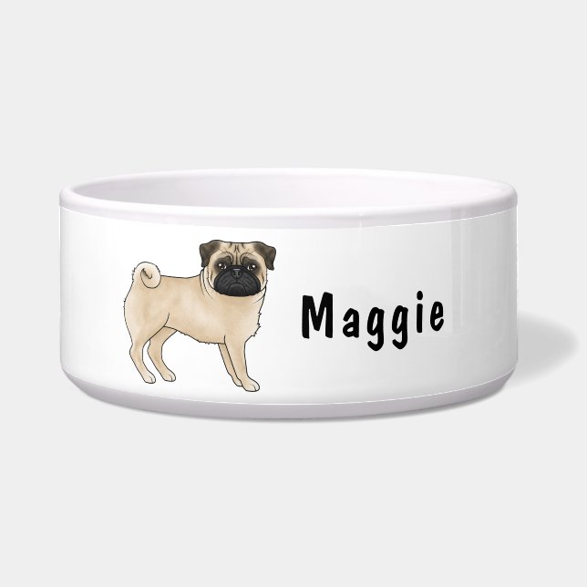 Fawn Pug Cute Cartoon Dog With Custom Name Bowl (Front)