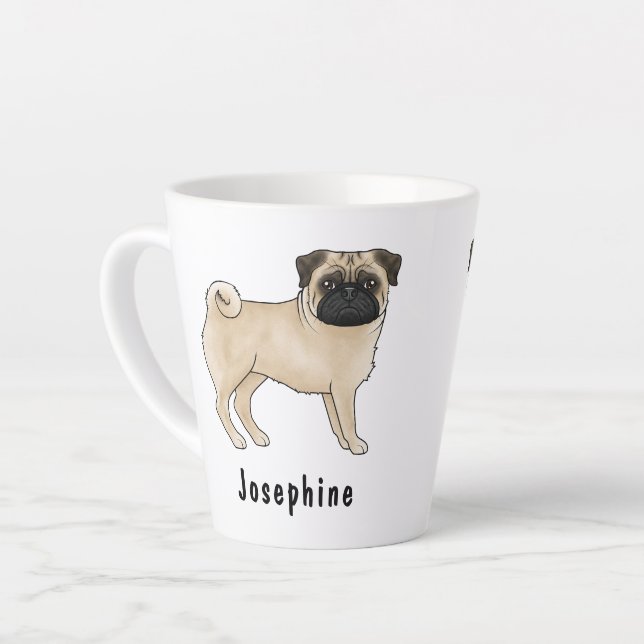 Fawn Pug Cute Cartoon Dog With Custom Name Latte Mug (Left Angle)