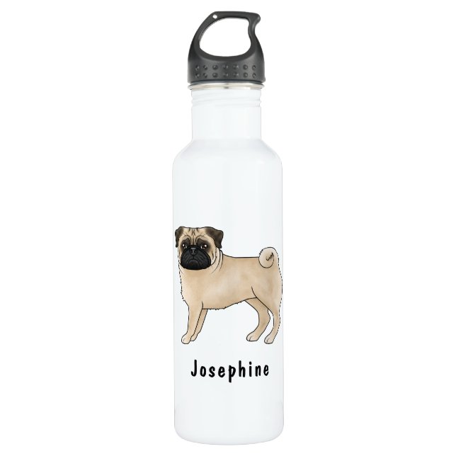 Fawn Pug Cute Cartoon Dog With Custom Name Stainless Steel Water Bottle (Front)
