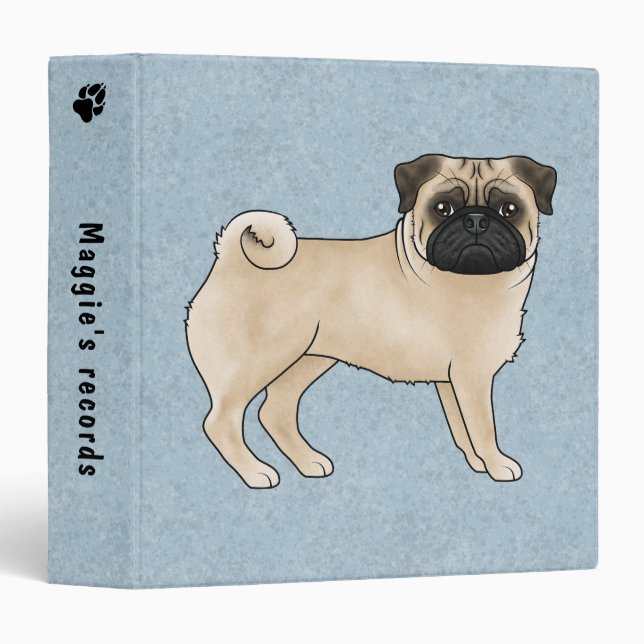 Fawn Pug Cute Cartoon Dog With Custom Text Blue 3 Ring Binder (Front/Spine)