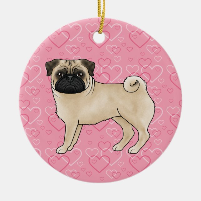 Fawn Pug Cute Mops On Pink Hearts Pet Memorial Ceramic Ornament (Front)