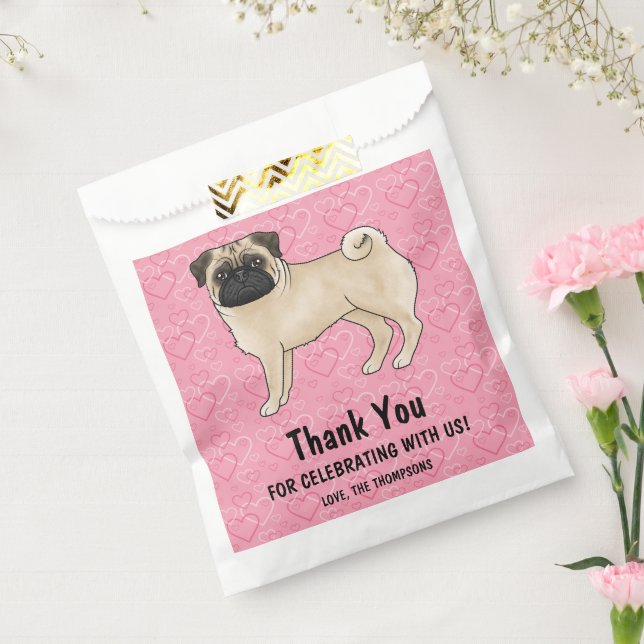 Fawn Pug Cute Mops On Pink Hearts Thank You Favor Bag (Sealed)