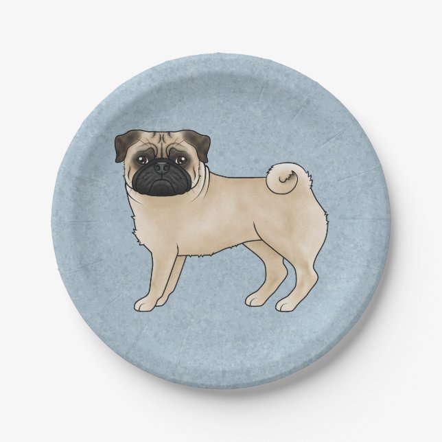 Fawn Pug Dog Breed Cute Cartoon Illustration Blue Paper Plates (Front)
