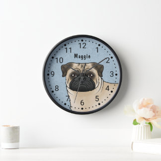 Fawn Pug Dog Breed Head Close-Up And Name Blue Clock