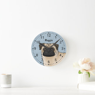 Fawn Pug Dog Breed Head Close-Up And Name Blue Round Clock