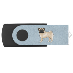 Fawn Pug Dog Canine Cute Cartoon Illustration Blue Flash Drive