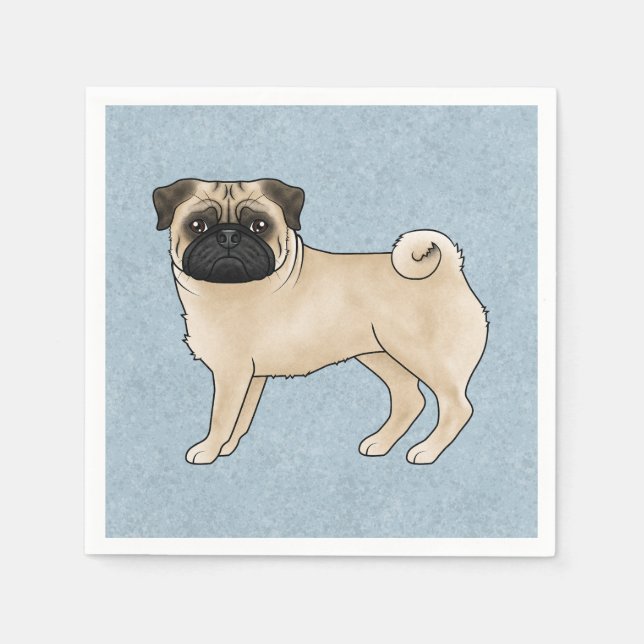 Fawn Pug Dog Canine Cute Cartoon Illustration Blue Napkins (Front)