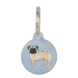 Fawn Pug Dog Canine Cute Cartoon Illustration Blue Pet ID Tag