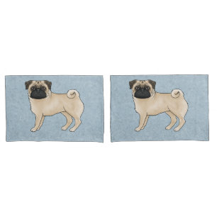 Fawn Pug Dog Canine Cute Cartoon Illustration Blue Pillow Case