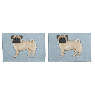 Fawn Pug Dog Canine Cute Cartoon Illustration Blue Pillow Case