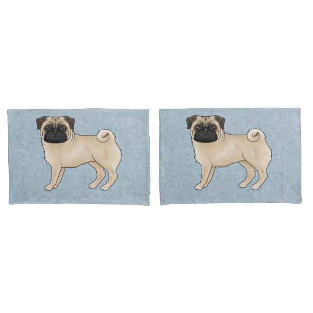 Fawn Pug Dog Canine Cute Cartoon Illustration Blue Pillow Case (Front-Set)
