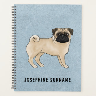 Fawn Pug Dog Canine Cute Cartoon Illustration Blue Planner