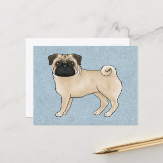 Fawn Pug Dog Canine Cute Cartoon Illustration Blue Postcard