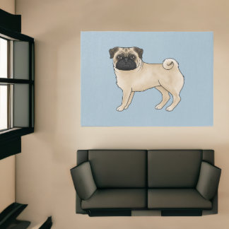 Fawn Pug Dog Canine Cute Cartoon Illustration Blue Rug