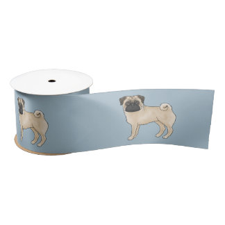 Fawn Pug Dog Canine Cute Cartoon Illustration Blue Satin Ribbon