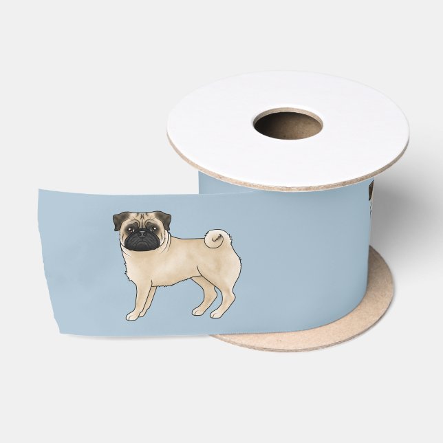 Fawn Pug Dog Canine Cute Cartoon Illustration Blue Satin Ribbon (Spool)