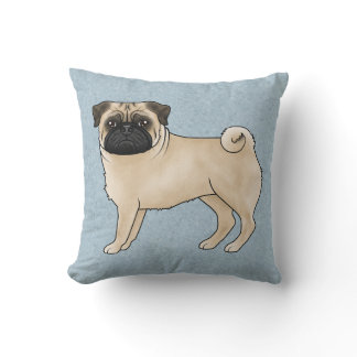 Fawn Pug Dog Canine Cute Cartoon Illustration Blue Throw Pillow
