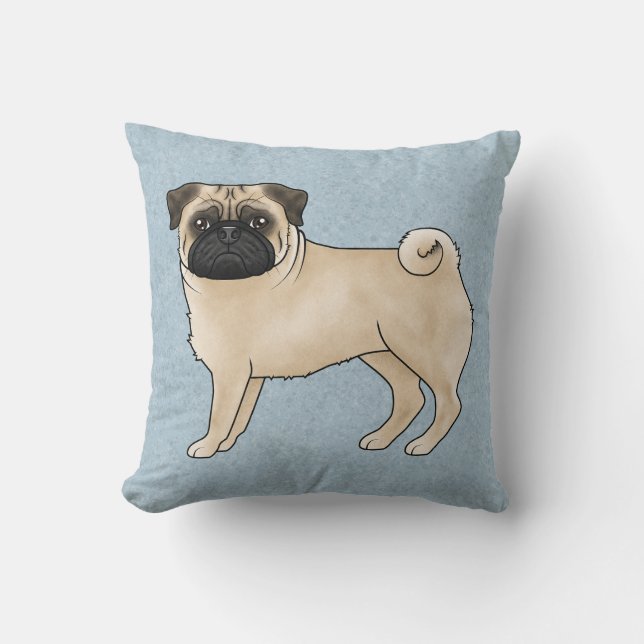 Fawn Pug Dog Canine Cute Cartoon Illustration Blue Throw Pillow (Front)