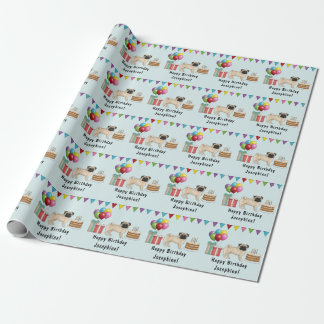 Fawn Pug Dog Cartoon Mops Colorful Happy Birthday Wrapping Paper