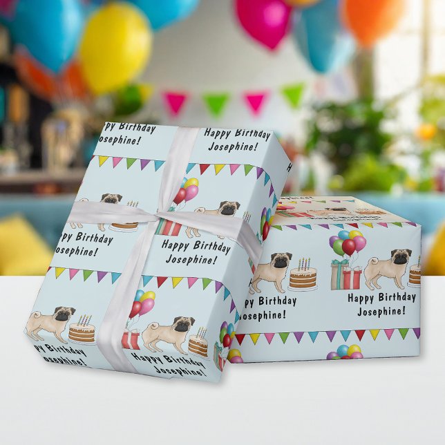 Fawn Pug Dog Cartoon Mops Colorful Happy Birthday Wrapping Paper (Creator Uploaded)
