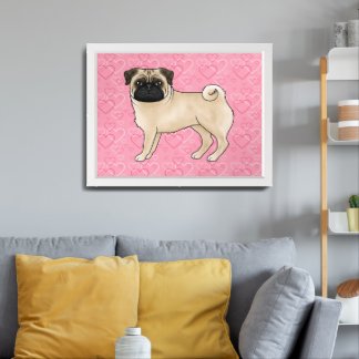 Fawn Pug Dog Cartoon Mops Love Heart Pattern Pink Framed Art