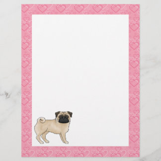 Fawn Pug Dog Cartoon Mops Love Heart Pattern Pink Letterhead