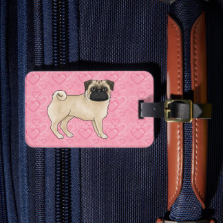 Fawn Pug Dog Cartoon Mops Love Heart Pattern Pink Luggage Tag