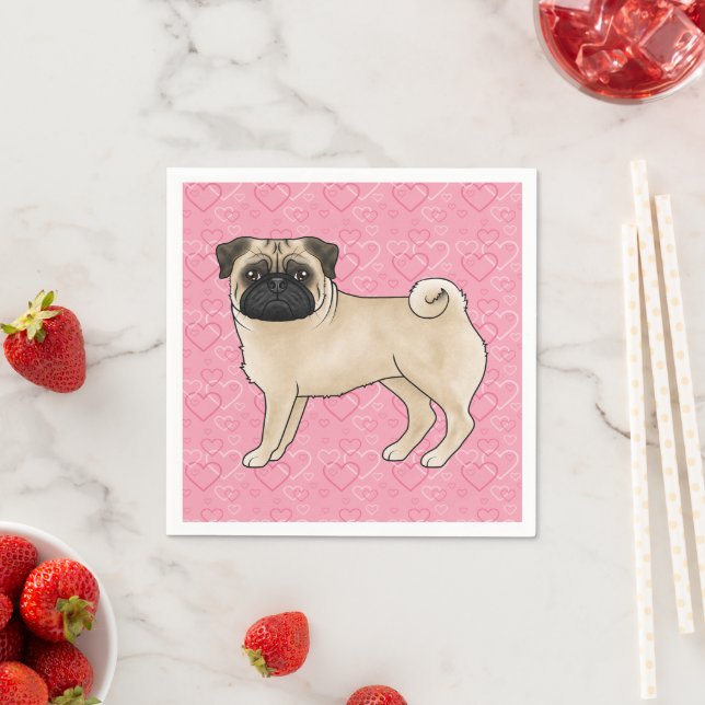 Fawn Pug Dog Cartoon Mops Love Heart Pattern Pink Napkins (Insitu)