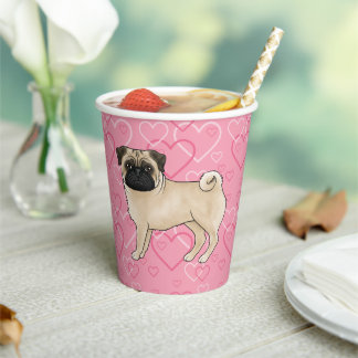 Fawn Pug Dog Cartoon Mops Love Heart Pattern Pink Paper Cups