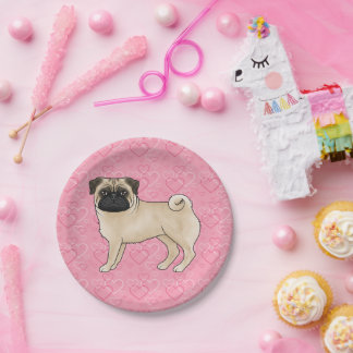 Fawn Pug Dog Cartoon Mops Love Heart Pattern Pink Paper Plates