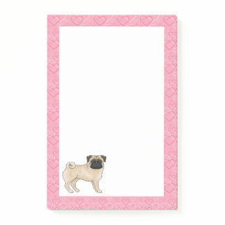 Fawn Pug Dog Cartoon Mops Love Heart Pattern Pink Post-it Notes