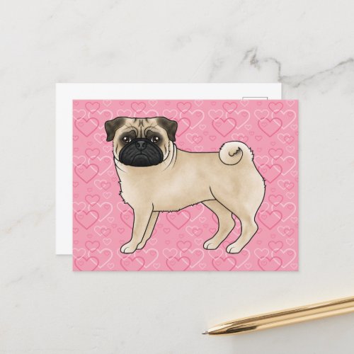 Fawn Pug Dog Cartoon Mops Love Heart Pattern Pink Postcard