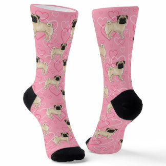Fawn Pug Dog Cartoon Mops Love Heart Pattern Pink Socks