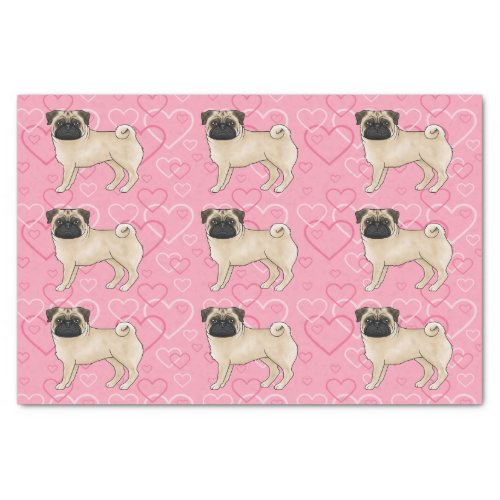 Fawn Pug Dog Cartoon Mops Love Heart Pattern Pink Tissue Paper