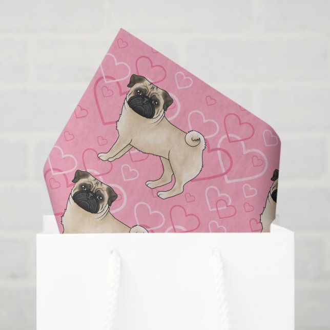 Fawn Pug Dog Cartoon Mops Love Heart Pattern Pink Tissue Paper (Gift Bag)