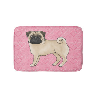 Fawn Pug Dog Cartoon Mops Pink Love Heart Pattern Bath Mat