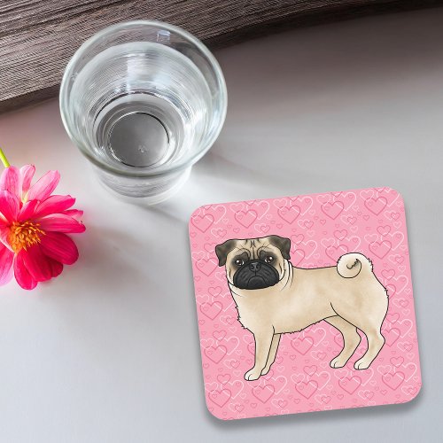 Fawn Pug Dog Cartoon Mops Pink Love Heart Pattern Beverage Coaster
