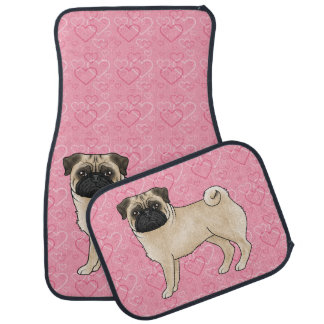 Fawn Pug Dog Cartoon Mops Pink Love Heart Pattern Car Floor Mat
