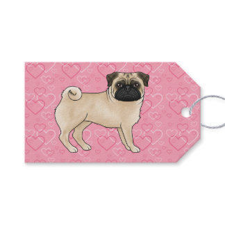 Fawn Pug Dog Cartoon Mops Pink Love Heart Pattern Gift Tags